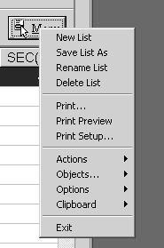 Figure 9. Observing List Menu New List This selection will open up a New List box and allow a new Observing List to be made. Save List As This selection will save the current list under a new name.