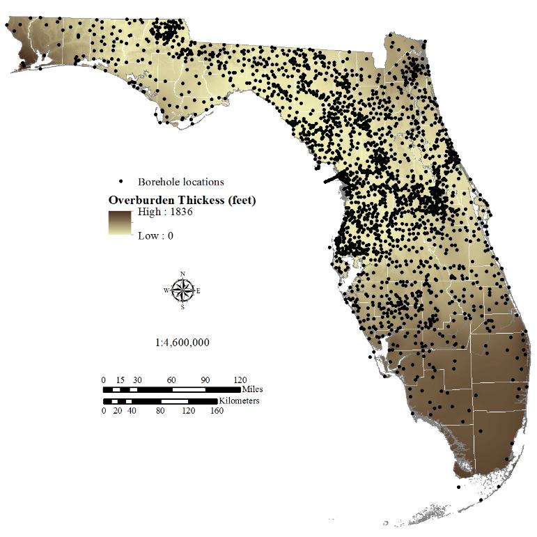 Evidential Theme (overburden) Overburden thickness calculated by: top of limestone surface - land surface Developed from >4000 boreholes Targeted middle Eocene & Oligocene limestones of Floridan