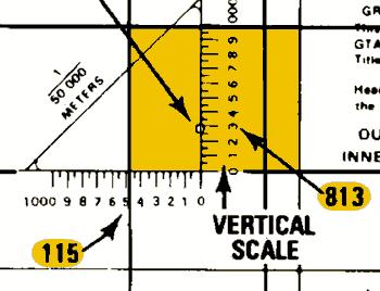 Identifying a Grid Coordinate On the bottom scale, the 100 meter mark nearest the vertical grid line provides the third digit, 5.