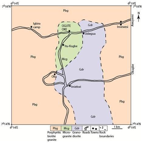 Fig. 1. Geologic map of Nigeria showing the location of the study area; adapted from [10]. Fig. 2. Simplified geologic of Ogute and its environs showing the distribution of rock units. Table 1.
