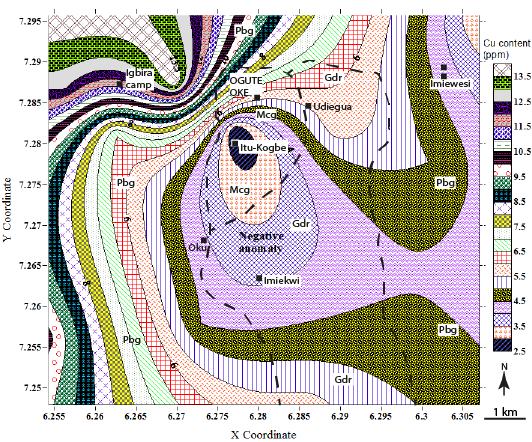 In the spatially rendered geochemical map contoured for Au, positive anomaly occurs in the porphyritic-biotite-granite which corroborates the deduction from statistical analysis.
