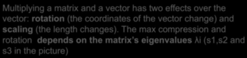 two effects over the vector: rotation (the coordinates of the vector change) and scaling (the length