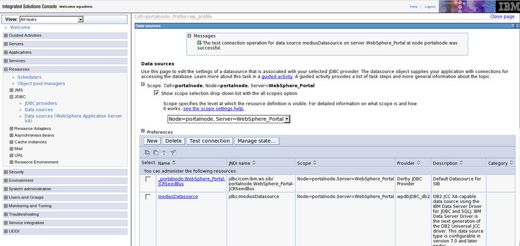 4.4 Integracija na IBM Websphere Portalu 105 Slika 4.21: Test podatkovnega vira mediusdatasource na aplikacijskem strežniku Websphere. EJB module version (3.