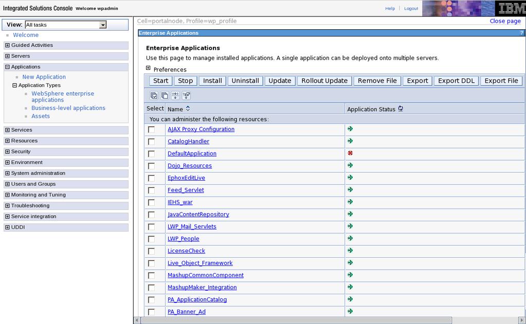 4.4 Integracija na IBM Websphere Portalu 109 Slika 4.22: Vmesnik za upravljanje aplikacij v administracijski konzoli aplikacijskega strežnika WebSphere AS. se bo aplikacija namestila.