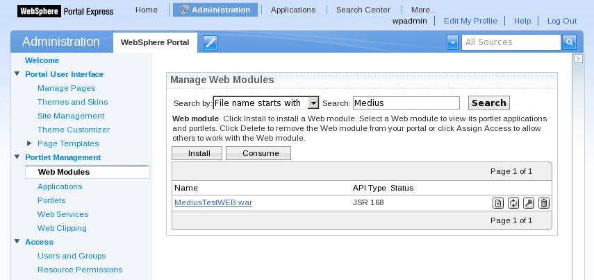 4.4 Integracija na IBM Websphere Portalu 115 Slika 4.24: Prikaz spletnih aplikacij v administracijskem delu portala Web- Sphere.