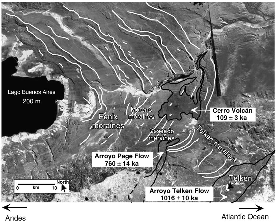 174 M.R. Kaplan et al. / Geomorphology 103 (2009) 172 179 Fig. 2. Landsat image showing the moraine record around eastern end of Lago Buenos Aires (LBA) and dated lava flows (2σ)(Singer et al.