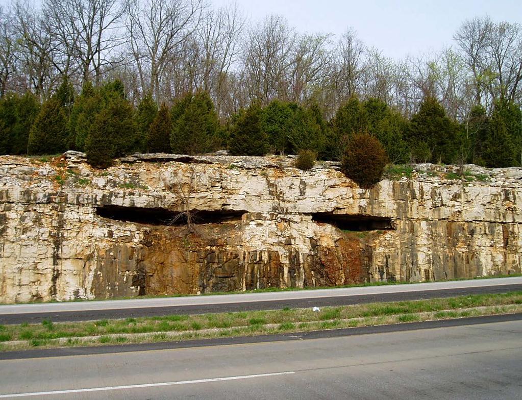 Formation of Karst This roadcut illustrates how preferential groundwater flow along horizontal fractures