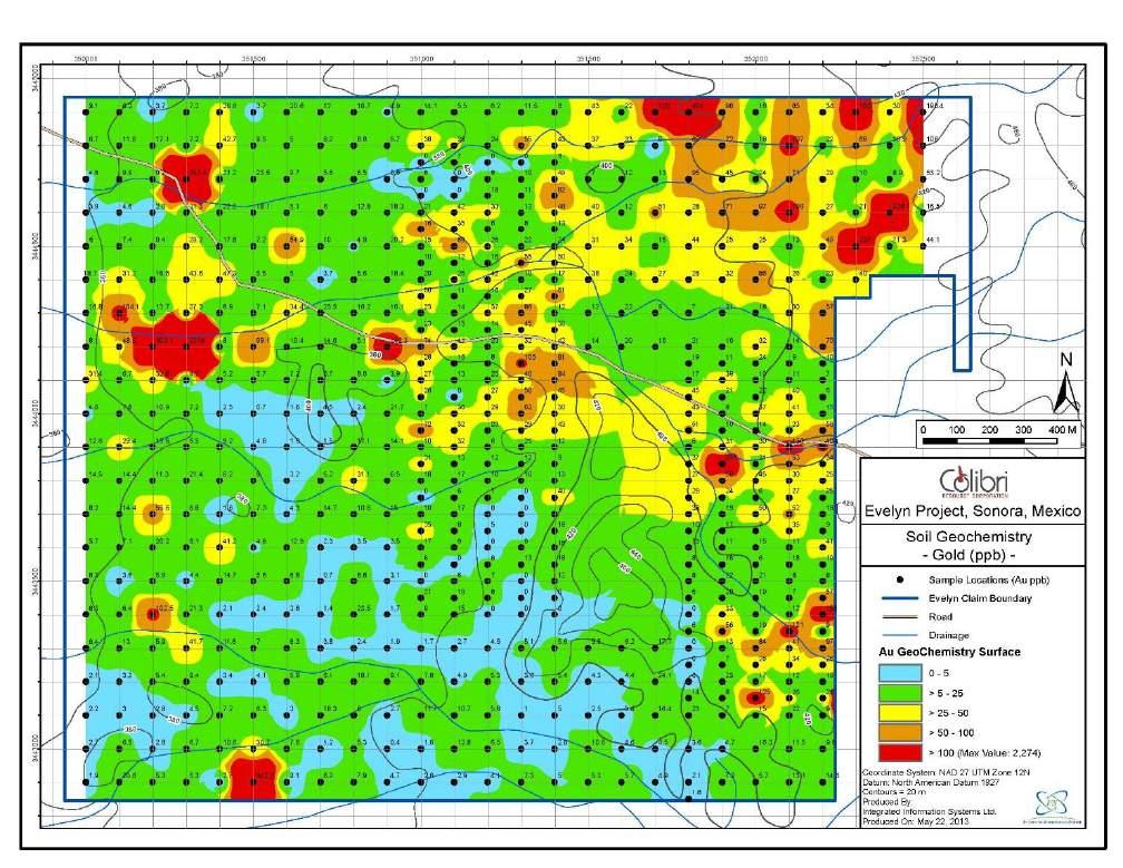 Figure 8. Results of 2012 soil geochemical survey. Gold-in-soil values are indicated in ppb Au.