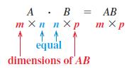 4.2 Multiplying Matrices (I,E) The of two matrices A and B is defined provided that the number of in A is equal to the number of in B. E1. State whether the product AB is defined.