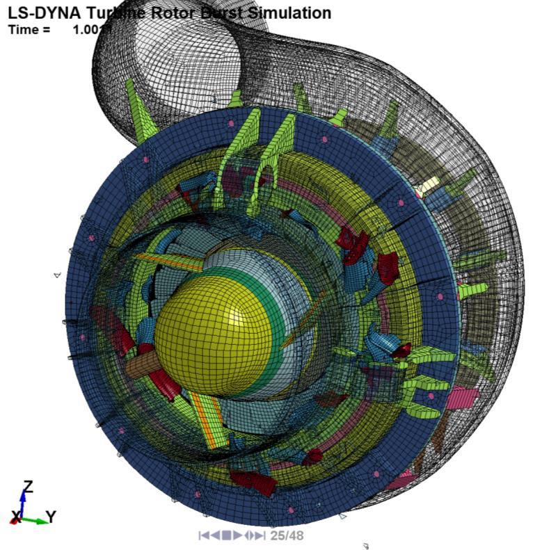 Figure 2: LS-DYNA turbine rotor burst containment simulation at the start and near the