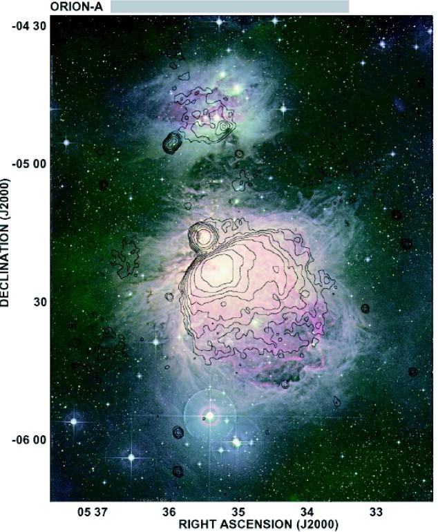 Cooling Time: HII regions The Orion nebula is an HII region. Here you see the radio continuum overlaid to the optical image. The radio continuum is Bremsstrahlung emission.