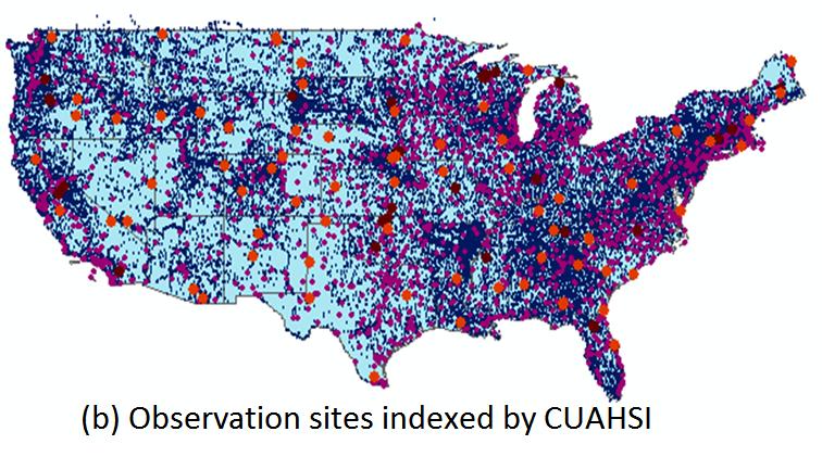 CUAHSI has indexed water observations information at about 2.3 million locations in the US (Figure 4(b)), and provided access to this information in WaterML.