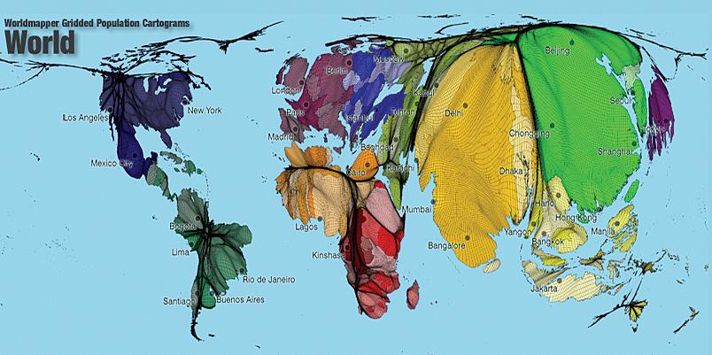 Cartogram Equal-density: cartogram of world population in the year of 2000 Figure : Image courtesy: ESRI
