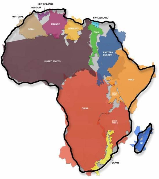 Mercator Projection In fact, Africa is as big as the United States, China, India, Japan and all of Europe combined Figure : Image courtesy: Kai Krause Scene in TV