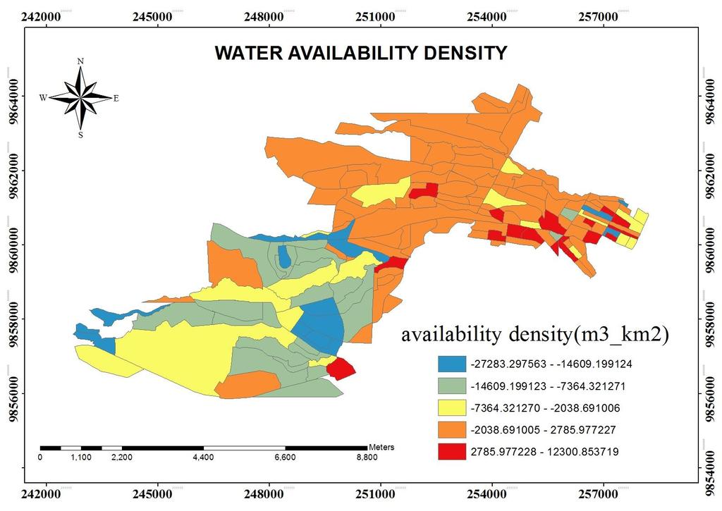 Figure 2: Map of the water availability density Hot spot analysis and Inverse Distance Weighted Interpolation : Hot spots and cold spots were determined by using the water consumption data from NCWSC