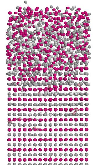 The very light gray spheres represent D atoms, the light pink/medium gray He, the dark gray C, and the magenta/very dark gray ones W atoms.