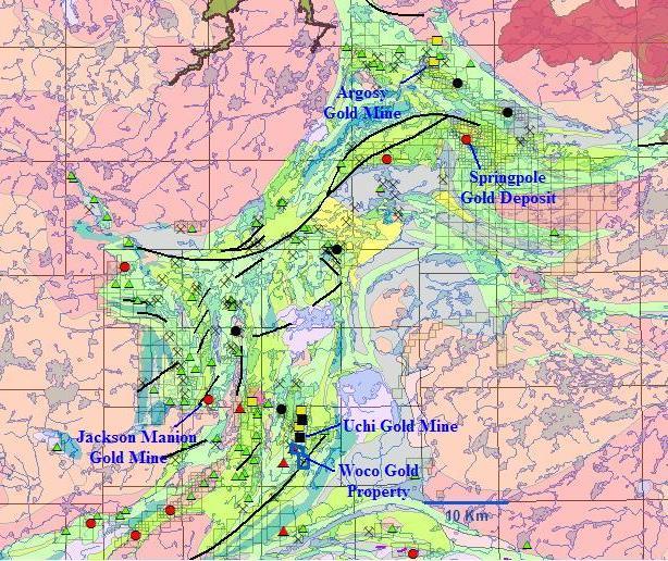 Woco Gold Project 60 kilometres East of Red Lake, Ontario 85 kilometres NE of Ear Falls, Ontario Located at the south end of the Birch-Uchi Greenstone Belt Proximal to the Uchi Deformation Zone The