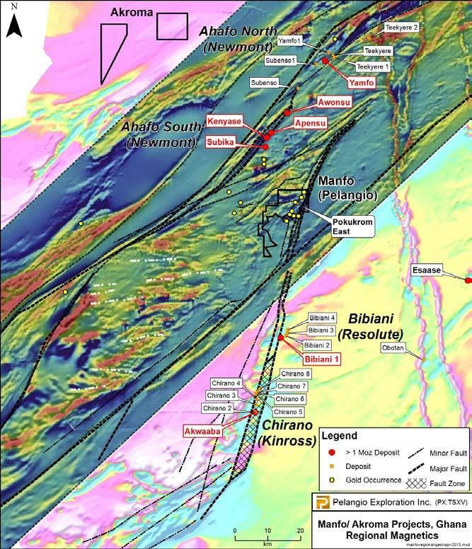 Manfo Largest Sefwi Deposits Near Belt-Bounding Structures Largest deposits are located directly on or within 1 km of belt-bounding