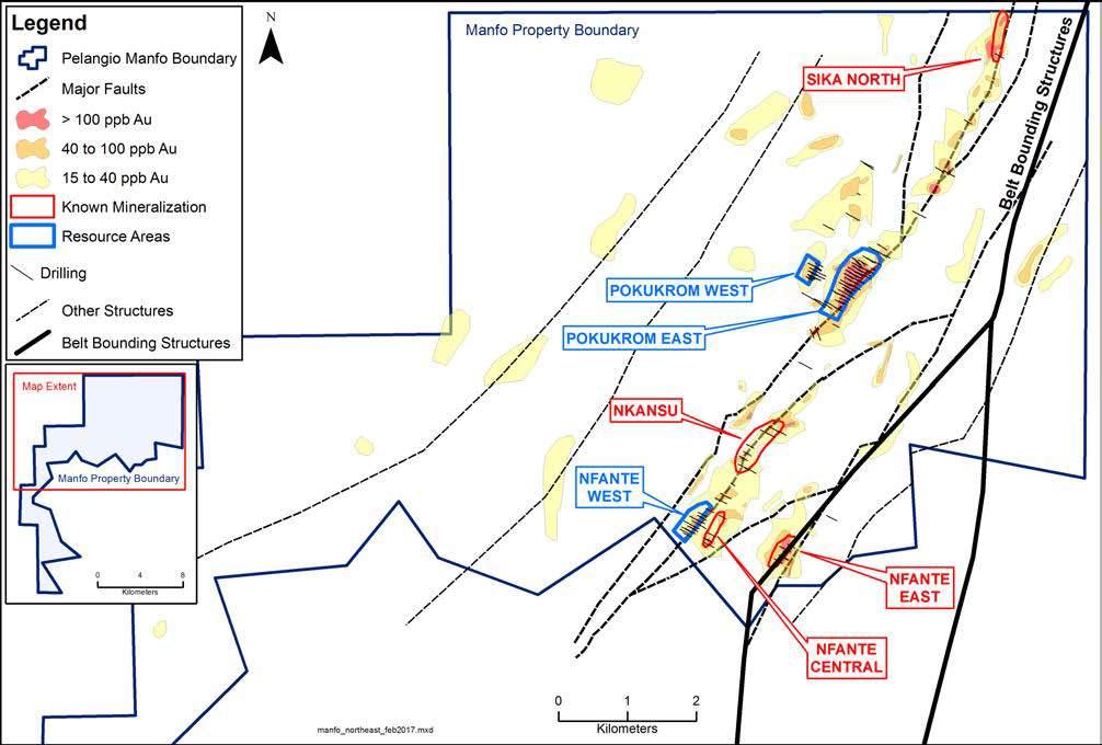 Manfo Three Resource Areas 9 km geochemical trend, multiple structures 3 areas at initial resource stage: Pokukrom East and West, Nfante West 9 near surface discoveries since August 2010 (3 at