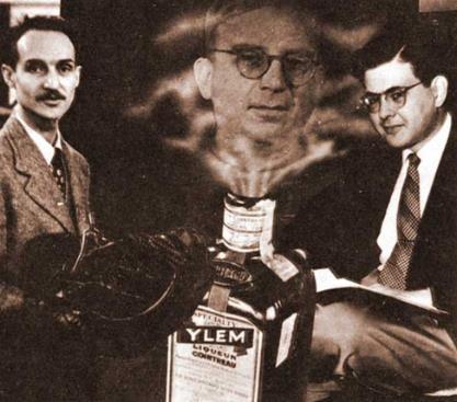 FIGURE 29.12 George Gamow and Collaborators. This composite image shows George Gamow emerging like a genie from a bottle of ylem, a Greek term for the original substance from which the world formed.