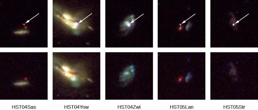FIGURE 29.3 Five Supernovae and Their Host Galaxies. The top row shows each galaxy and its supernova (arrow).