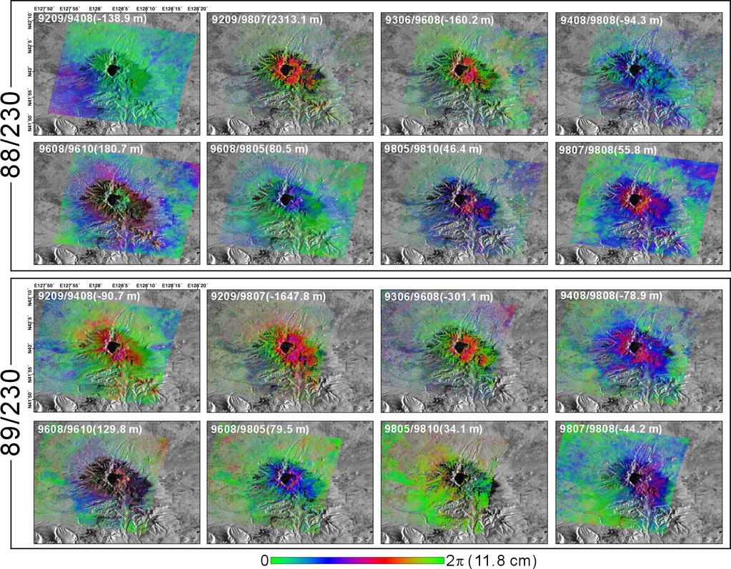 Differential Interferograms of JERS-1 SAR dataset corrected for topography around Mt. Baekdu volcano.