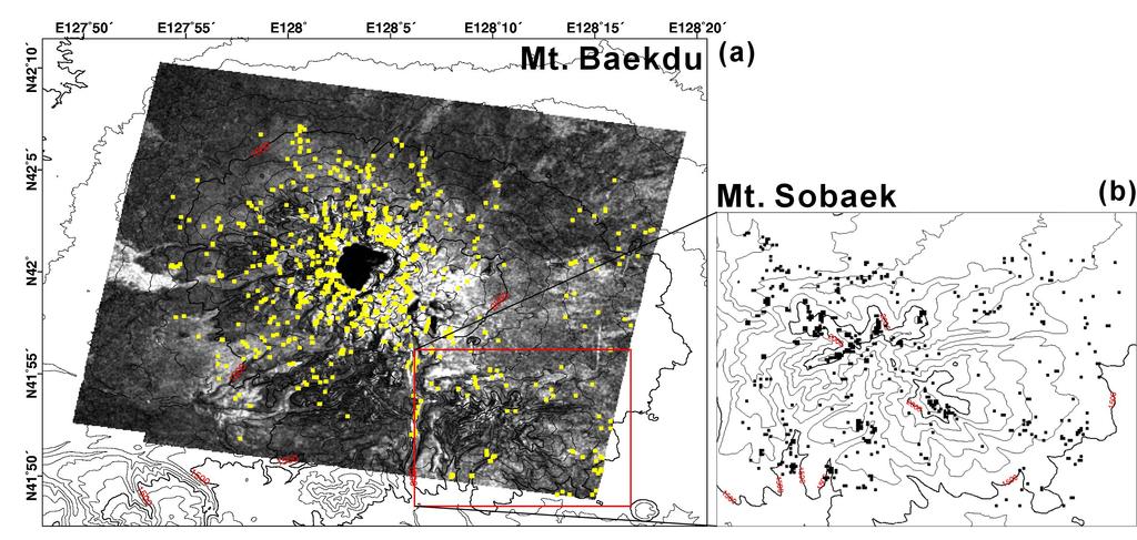 Fig. 5. Location map of the selected pixels for the modeling of 88_9209/9807 pair between elevation and phase, (a) at Mt. Baekdu, (b) at Mt Sobaek.