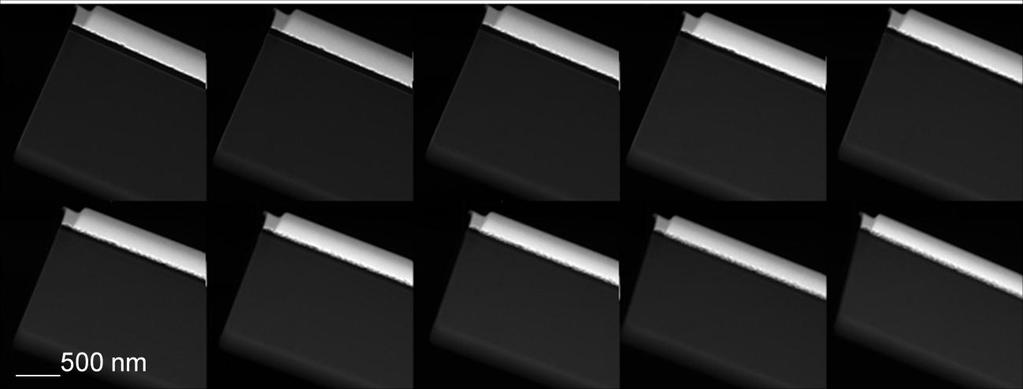 Figure 1: Tilt series of silicon. From top left to top right, 5, 10, 15, 20 and 25 degrees tilt. From lower left to lower right, 30, 35, 40, 45 and 50 degrees tilt.