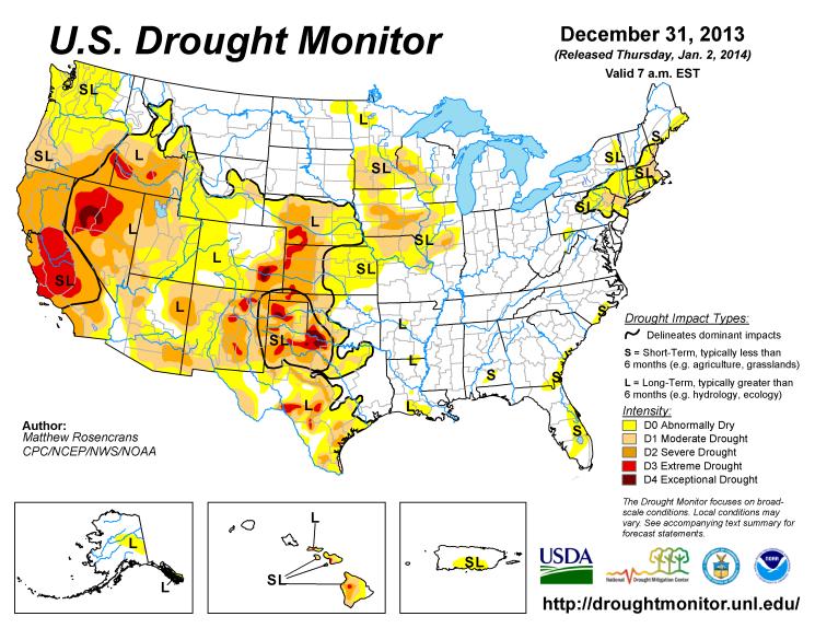 Regional Drought Overview USDM map depicting drought at the beginning of 2014 USDM map depicting drought at the end of 2014 In summary, there was a resurgence of drought during the spring,