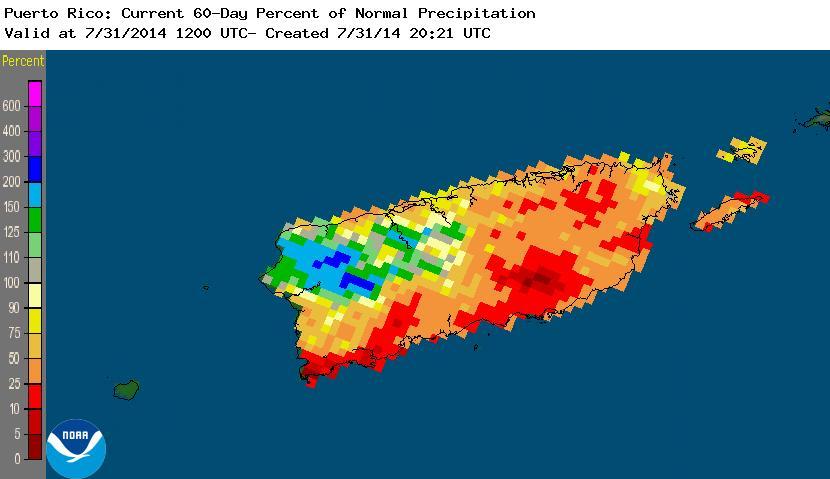 Hawaii and Puerto Rico: Puerto Rico percent of normal precipitation, July-August 2014. Puerto Rico began 2014 with abnormally dry conditions on the USDM map.