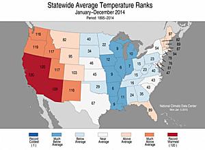 National Temperature and Precipitation Analysis 2014 National Temperature Rank Map 2014 National Precipitation Rank Map In 2014, the contiguous United States (CONUS) average temperature was 52.6 F, 0.