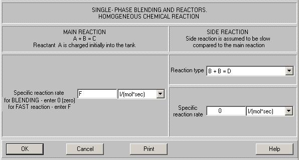 In this point the program provides us with additional input tables, and we have to enter the specific data necessary for mathematical modeling of batch reactors - kinetics of the main and side