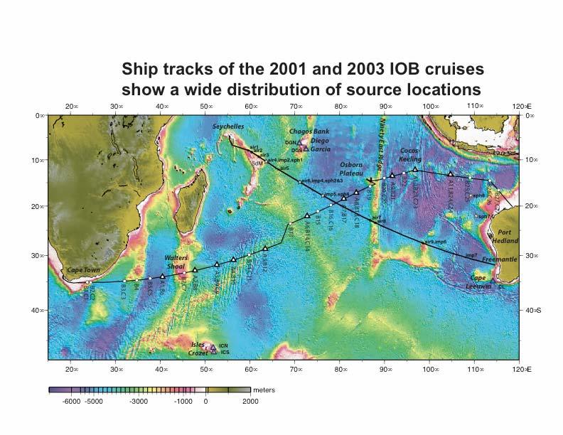 Figure 3. The Indian Ocean basin map shows the ship track of the 2001 cruise (Seychelles Freemantle) and the 2003 cruise (Cape Town Darwin) and the locations of all SUS, sphere, and airgun sources.