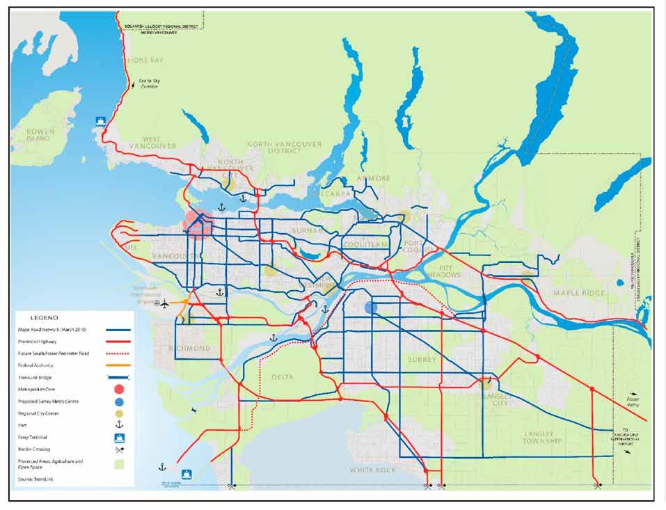 This map illustrates the major roads, highways and gateways in Metro Vancouver, including the Major Road Network as of March 31, 2010, as described in TransLink s