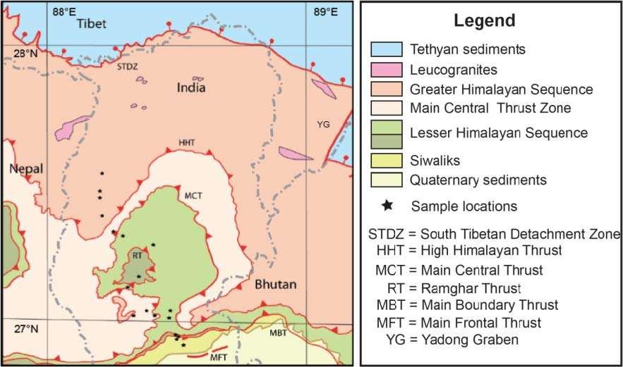 Figure 2 A Geologic map of Sikkim showing the major units and structures including the mushroom shaped double tectonic window. Black stars denote sample locations.