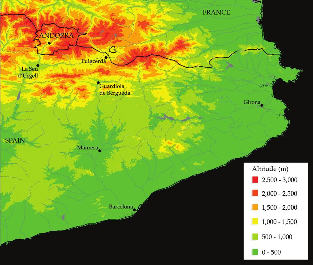 Figure 3. digital altitude data mapped for northeastern spain. data were derived from the CgiaR-Csi / nasa shuttle Radar topography Mission (srtm) and have a spatial resolution of 3 arcseconds (app.