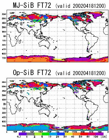 Fig. 6. Snow cover area observation for April 18, 22 estimated from the brightness temperature of SSM/I. T85 ME (NH) Op-SiB T85 RMSE (NH) Op-SiB Fig. 5.