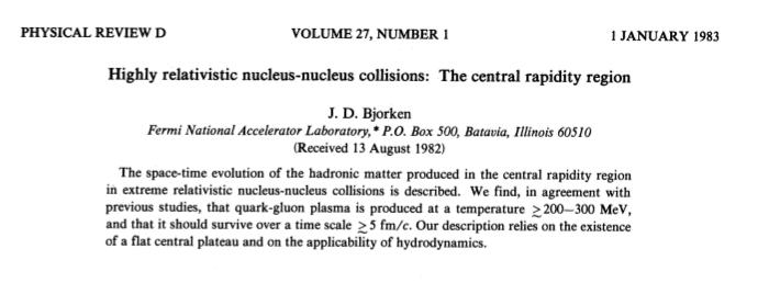 Heavy ion collisions Bjorken model (Bjorken, Phys. Rev.