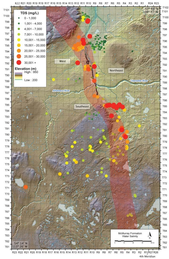 Figure 1. Distribution of total dissolved solids in McMurray Formation waters in the Athabasca oil sands region. The partial dissolution front of the Prairie Evaporite is indicated by red shading.