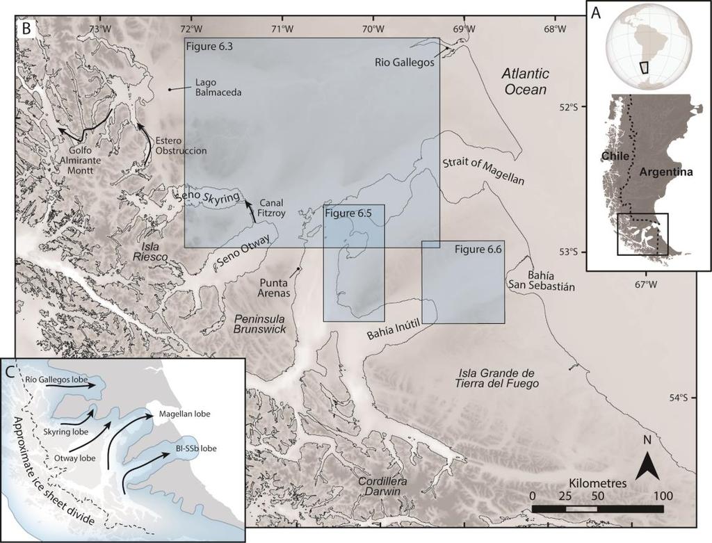 Figure 6.1. (A) Location of the study area in southern South America. (B) Overview map of the study area, with key locations mentioned in the text and the locations of other overview figures.