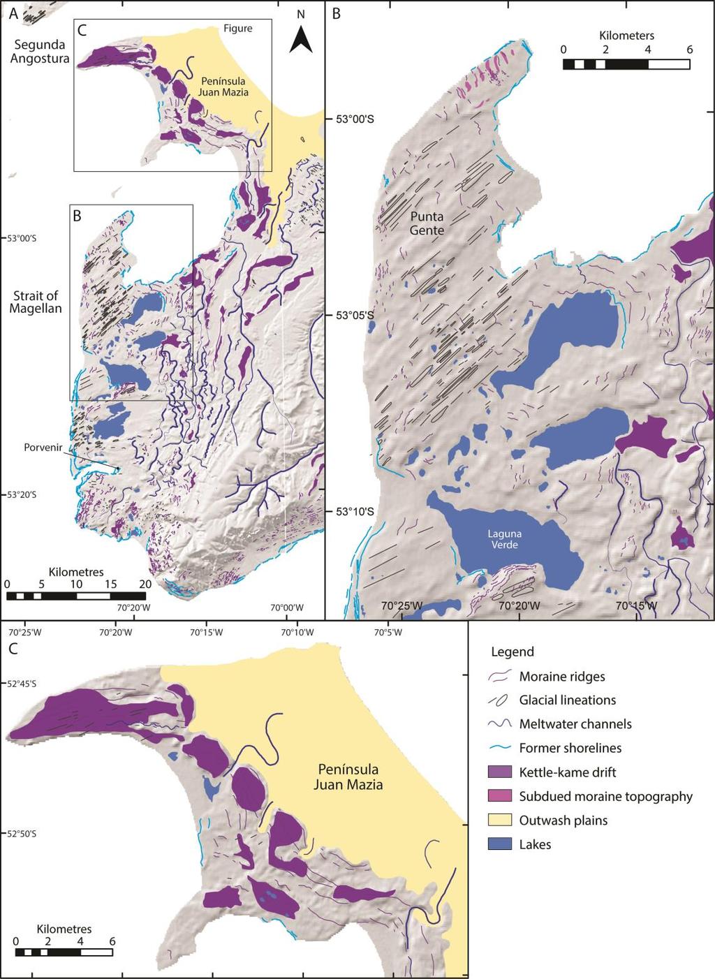 Figure 6.5. (A) Overview of the glacial geomorphology associated with the Magellan lobe (location shown in Figure 6.1).