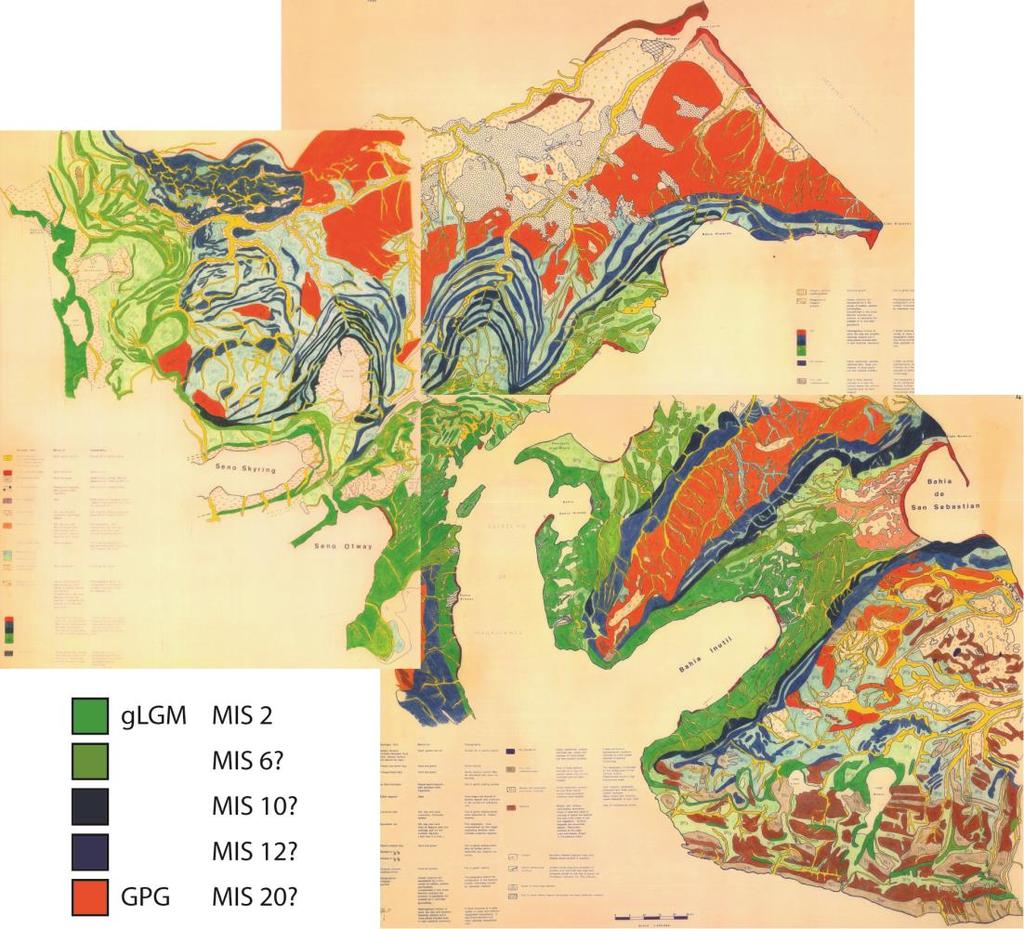Figure 2.4. Three of the original maps produced by Meglioli (1992) to illustrate his characterisation of drifts across the study area, with a key added to show his hypothesised age model. 2.2.2.1 Drift characterisation The Regional Stratigraphic Model for southernmost South America proposed by Meglioli (1992) is based upon drift characterisation (Figure 2.