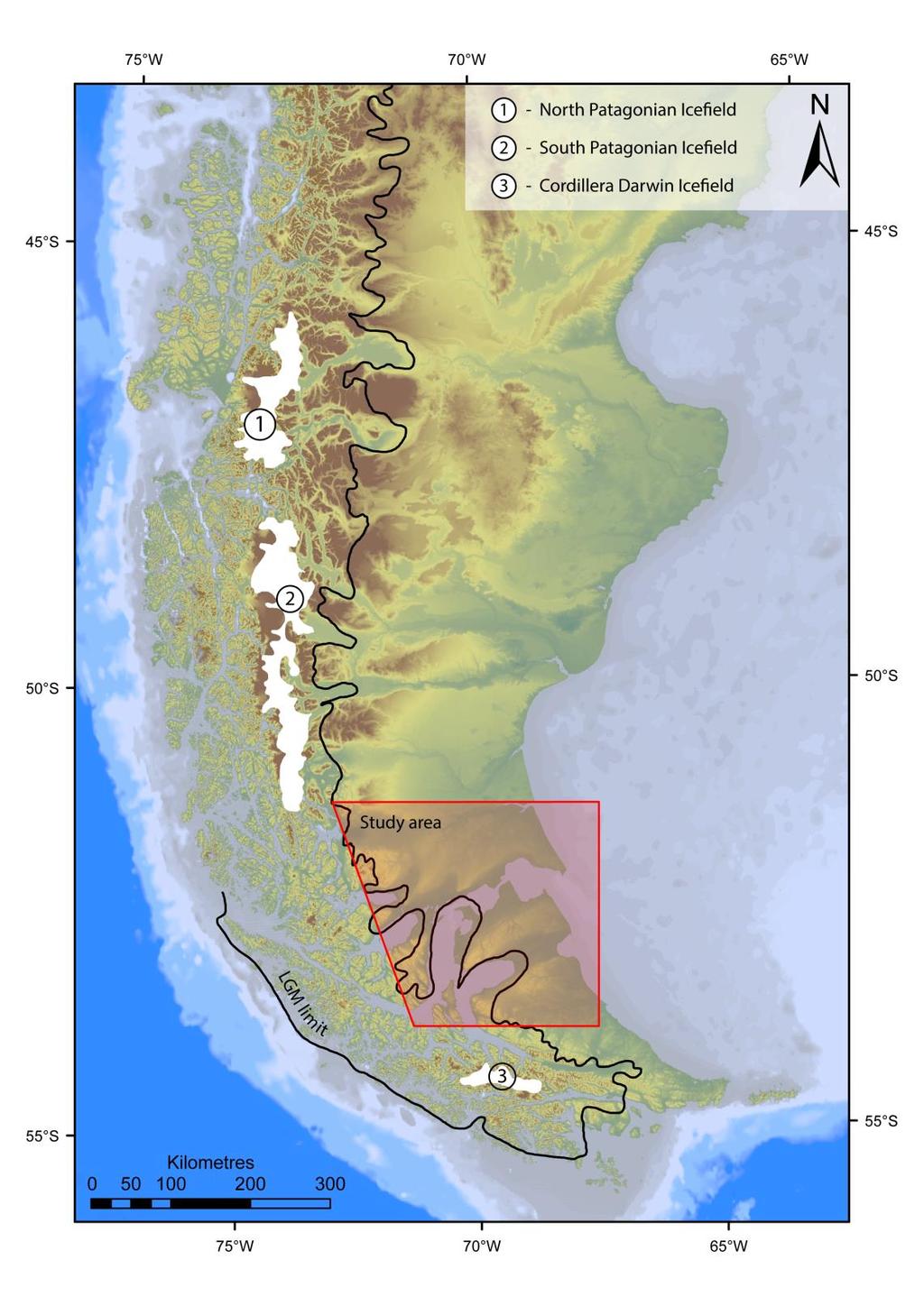Figure 3.1. Location of the study area in southernmost Patagonia (topography shown using shaded SRTM and ETOPO data).