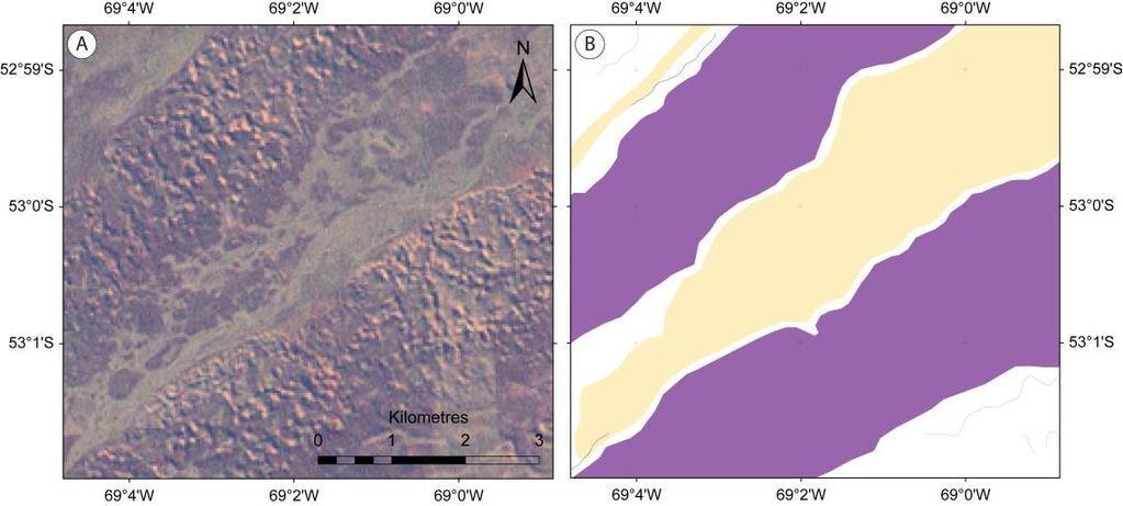 Figure 3.6. Kettle-kame topography on the northern edge of the BI-SSb lobe. (A) Landsat ETM+ (bands 4, 3, 1) showing the characteristic pock-marked appearance of the drift.