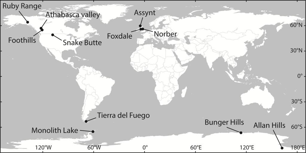 Figure 4.1. Map showing the locations of erratic boulder trains reviewed in this paper (see Section 4.2)