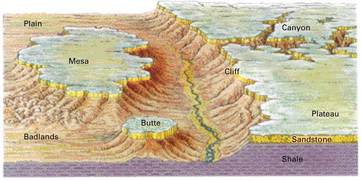 Landforms of Horizontal Strata and Coastal Plains plateaus, mesas, and buttes are landforms of flat-lying erosion resistant strata in arid