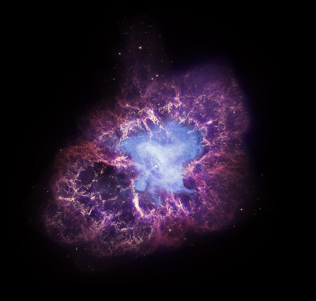 A composite image of the Crab nebula from images of Chandra (X-rays), Hubble (Visual) and Spitzer (IR) The central object (core of star) is a rotating neutron