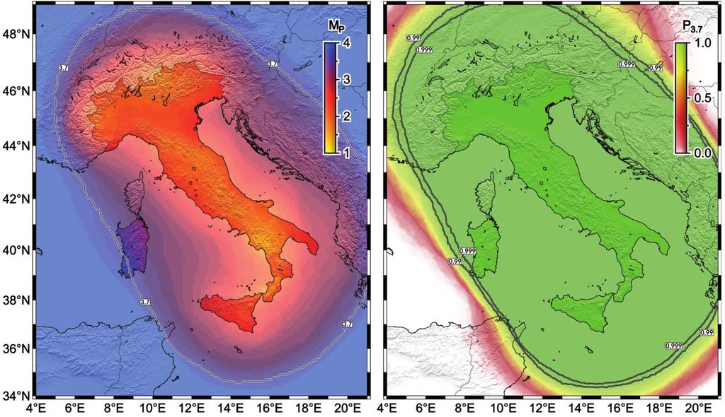 A FORECAST EXPERIMENT IN ITALY Figure 1. (Left) Probabilistic magnitude of completeness, MP, at the PE = 0.999 level and at a depth level of 30 km for the INGV network at June 1, 2007.