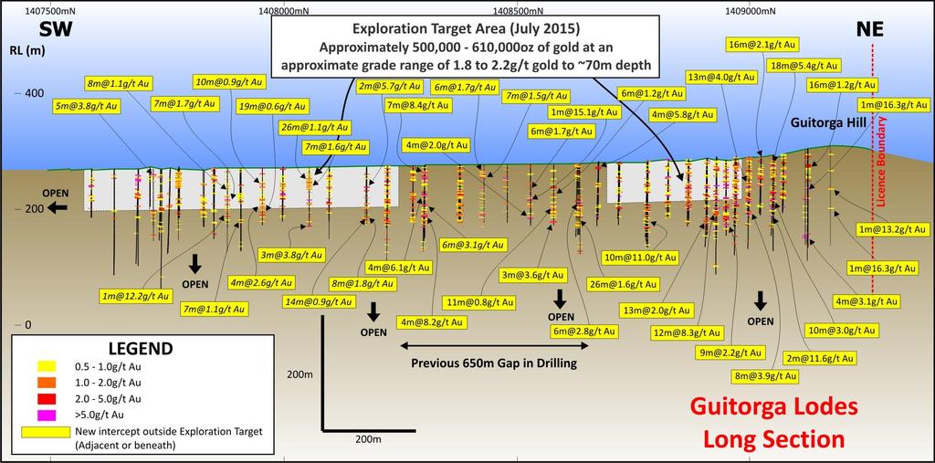 Figure 2. Longitudinal Section (10,000mE) along the Guitorga Lodes depicting drill holes, gold assays and the Exploration Target (grey blocked area).