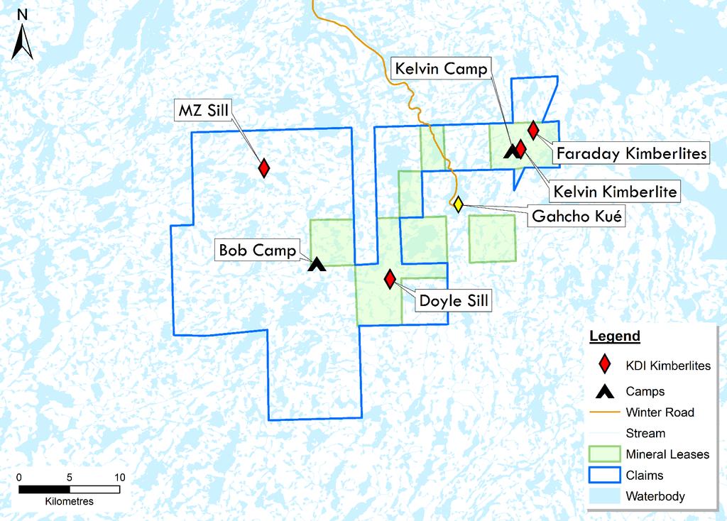 Kennady North Project The Kelvin-Faraday Corridor KFC is a NE-SW structural feature that includes the Faraday and Kelvin kimberlites, and continues to the SW to include the Gahcho Kué kimberlites.